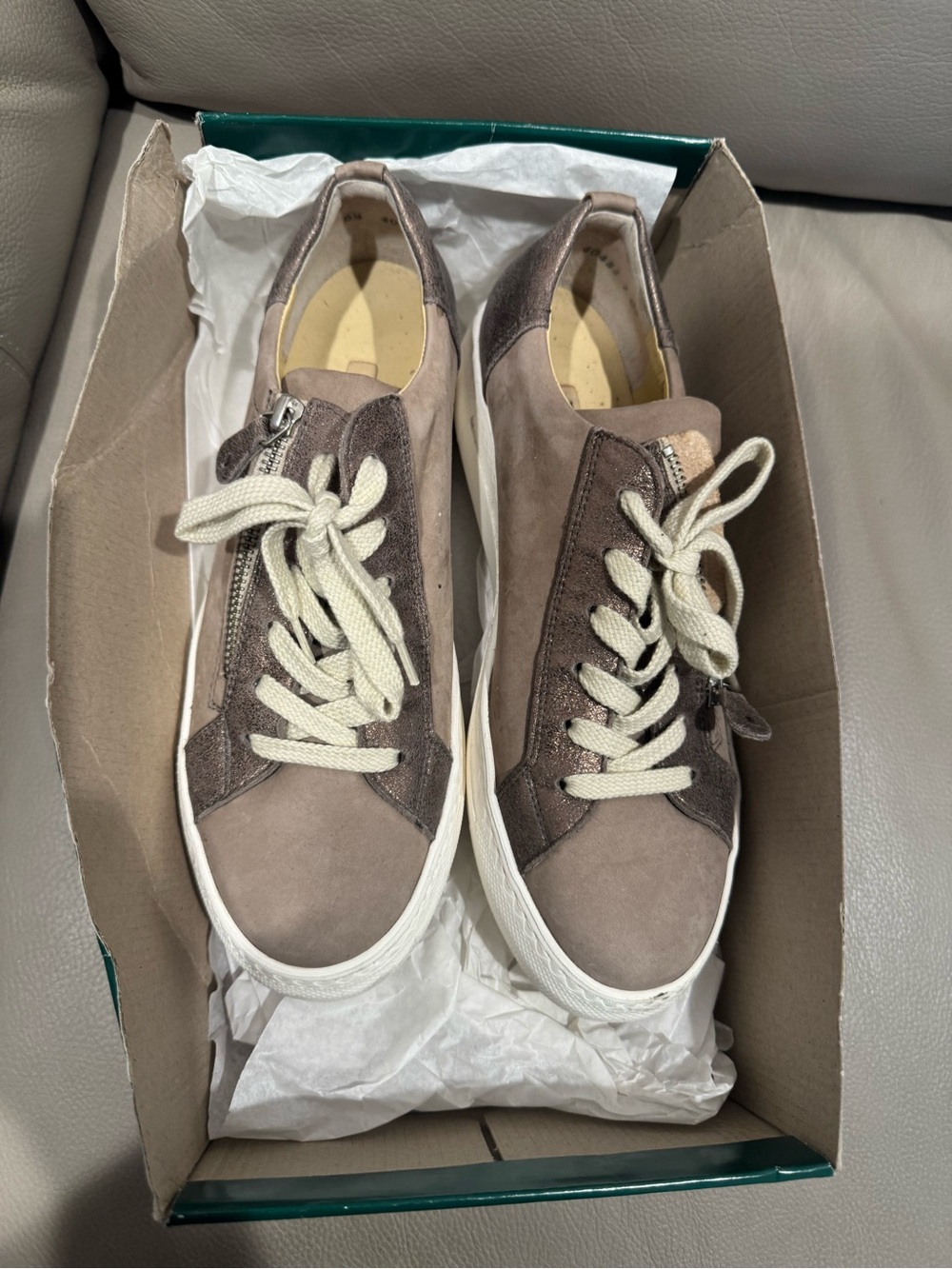 Paul Green Orleans Earth/Truffle Taupe Suede & Metallic Lace-Up Sneakers - Picture 2 of 5